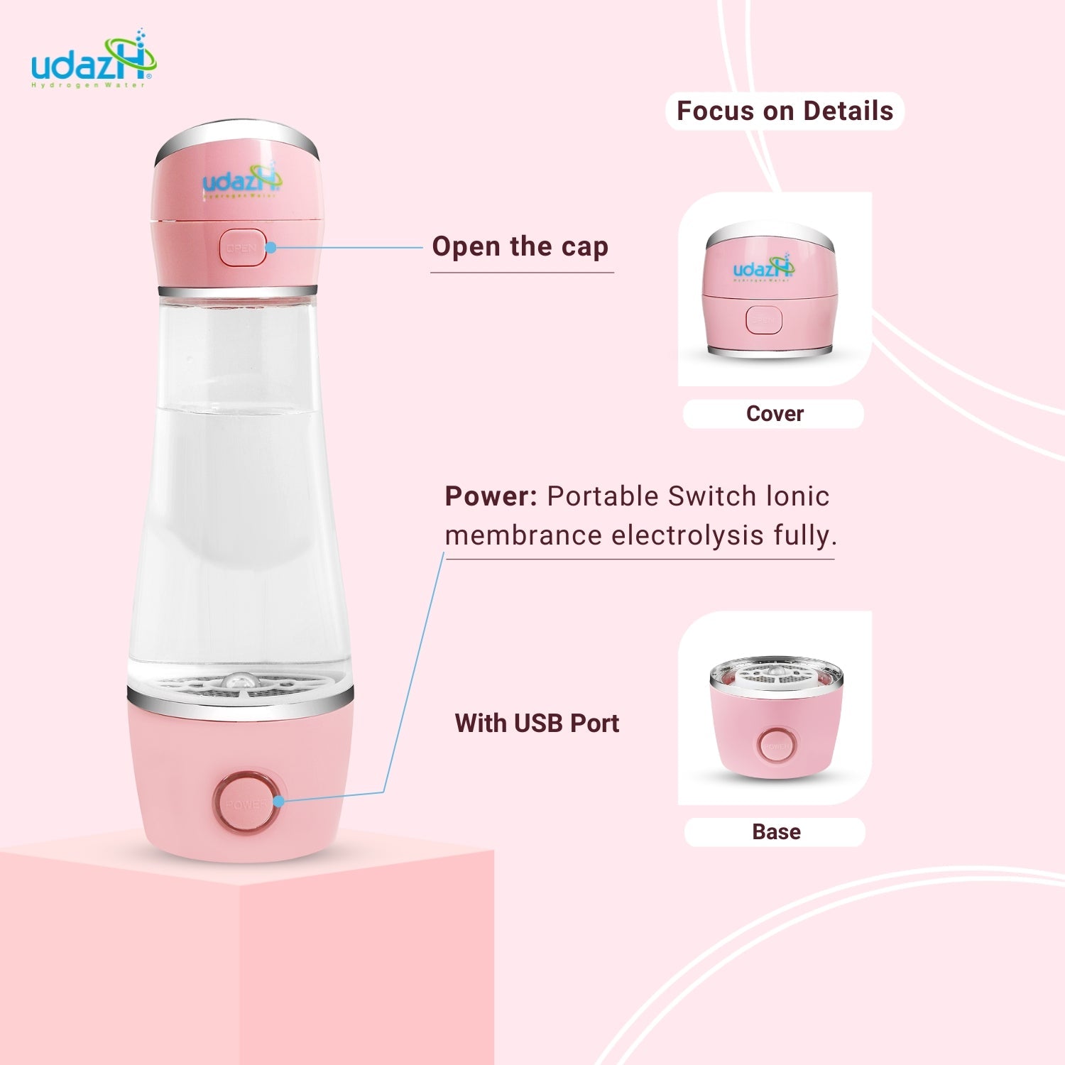 udazH Hydrogen water bottle Rechargeable & Portable : Pink