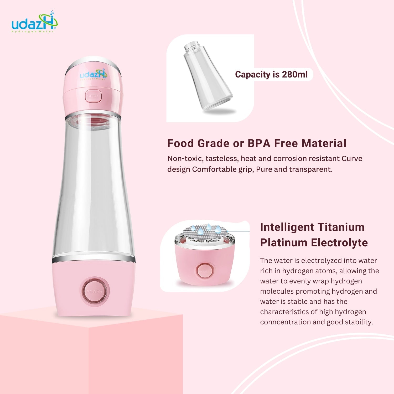 udazH Hydrogen water bottle Rechargeable & Portable : Pink