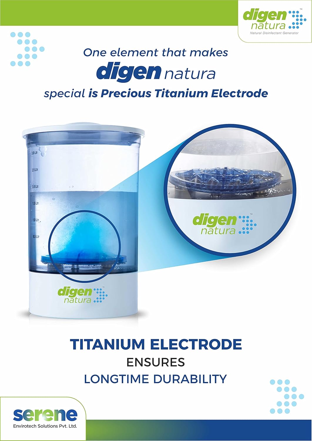 Digen Natura - Multi-Purpose Disinfectant Generator | Natural & Powerful Sanitizer | De-greaser | Titanium Electrode | Safe for Home, Office, Human, Pets & Environment