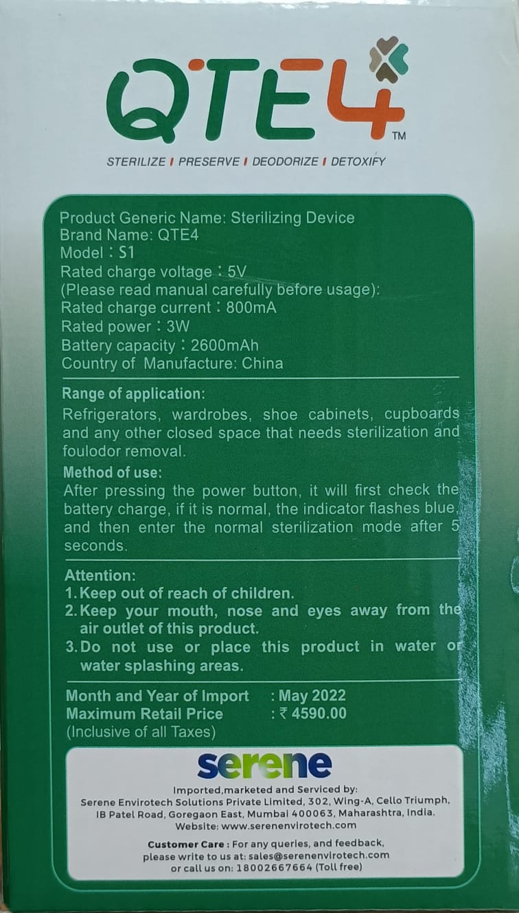 Refrigerator ,Wardrobe, Shoe Rack, Book Shelf Deodoriser : QTE 4 Purification & Sterilisation
